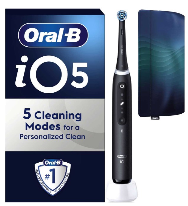 Oral-B iO Series 5 electric toothbrush in black with five cleaning modes, shown with packaging and a travel case.
