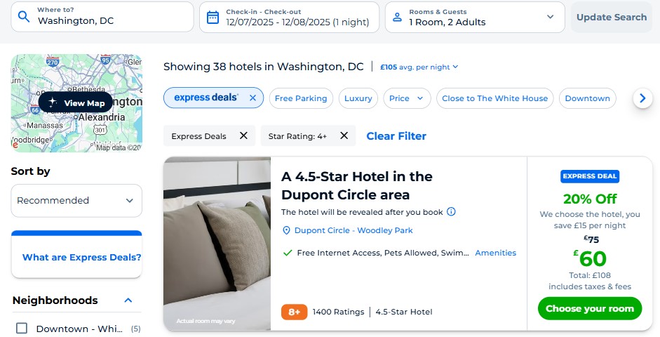 pricebreakers desktop nov 2025 Screenshot of a hotel booking website showing a 4.5-star hotel in Washington, DC, with a nightly rate of £60 after a 20% discount; includes search filters and a map.