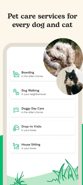 A mobile app screen lists pet care services: boarding, dog walking, doggy day care, drop-in visits, and house sitting. Images of a dog and a cat are shown above the list.