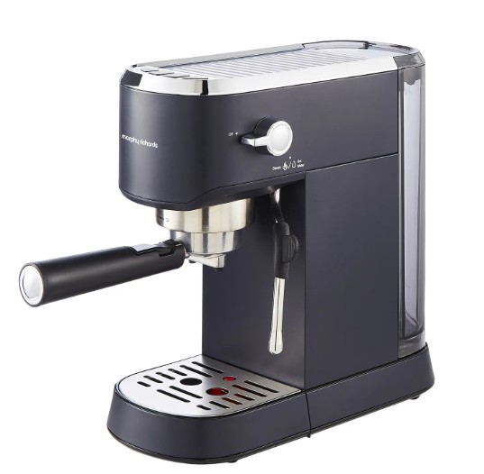 A black and silver espresso machine with a steam wand, drip tray, and a detachable water reservoir.