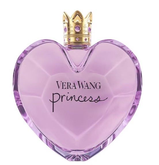 vera wang princess star gift A heart-shaped, light purple Vera Wang Princess perfume bottle with a gold crown-shaped cap and gemstone details.
