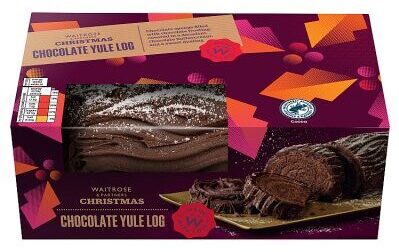 waitrose christmas chocolate yule log A box of Waitrose Christmas Chocolate Yule Log with an image of the chocolate cake on the packaging, displayed on a festive purple and orange patterned box.