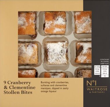 waitrose cranberry and clementine stollen bites A box of nine cranberry and clementine stollen bites, dusted with powdered sugar and arranged in a grid, packaged in Waitrose & Partners branded packaging.