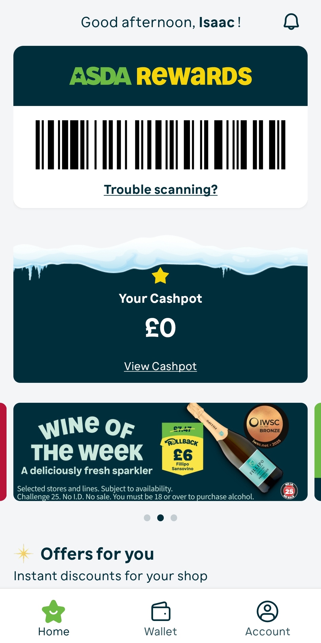 An image showing the homescreen of the Asda Rewards app on a mobile phone