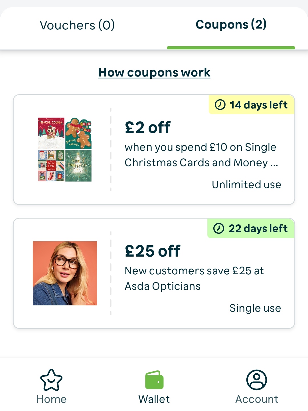 An image of Asda Reward coupons available on the mobile app