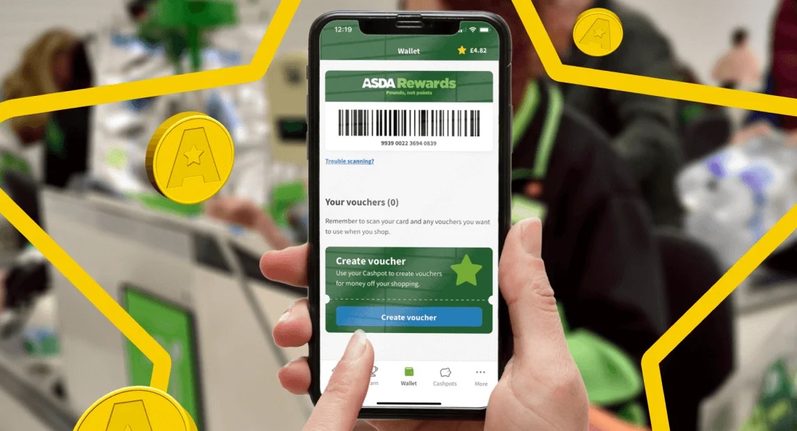 An image showing a stylised take on somebody using the Asda Rewards app to create a voucher
