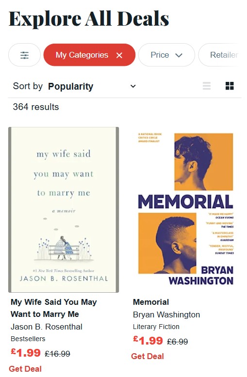 A webpage displays two book deals: "My Wife Said You May Want to Marry Me" for £1.99 (was £16.99) and "Memorial" for £1.99 (was £8.99), under the "My Categories" filter.