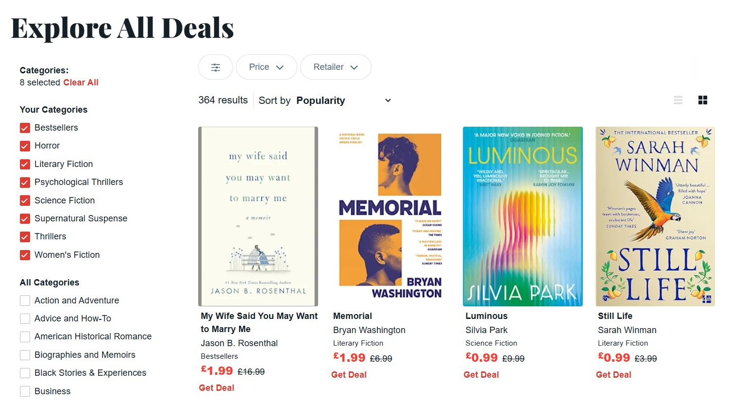 Bookbub website print screen Dec 2025 Screenshot of a book deals webpage showing book covers, titles, authors, prices, and genres, with filtering options on the left and four books displayed in the main section.