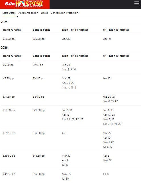 A table displays 2025 and 2026 Band A and Band B parks pricing for Sun Holidays, listing dates and prices for Mon-Fri (4 nights) and Fri-Mon (3 nights) stays.
