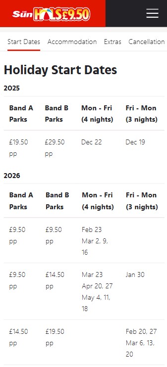 Table listing 2025 and 2026 holiday start dates and prices for Band A and Band B parks, with options for 4-night and 3-night stays.