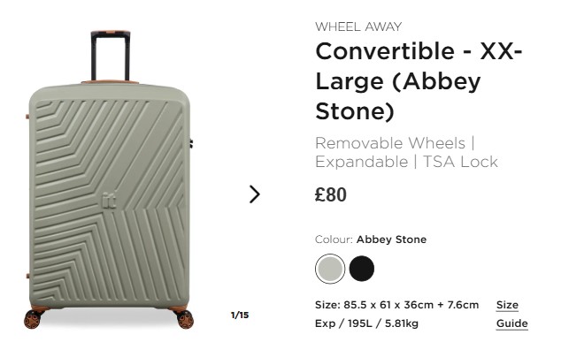 Large grey suitcase with textured diagonal pattern, four wheels, telescopic handle, and TSA lock. Listed price is £80. Capacity is 195L, and weight is 5.81kg. Colour shown: Abbey Stone.