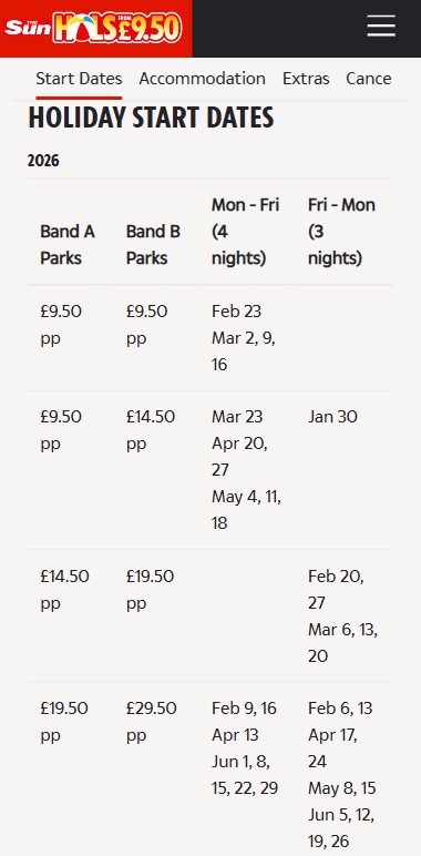 jan 2026 mobile 1 A table displays 2026 holiday start dates and prices for Band A and Band B parks, showing options for 4-night (Mon-Fri) and 3-night (Fri-Mon) stays.
