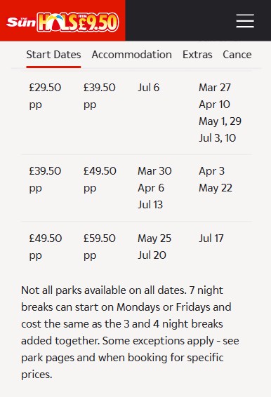 jan 2026 mobile 2 Table listing holiday prices per person and start dates for 7-night breaks, with a note about availability and exceptions for certain dates and parks.