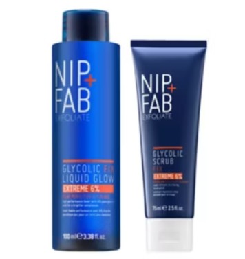 nip and fab glycolic fix scrub and tone bundle Two blue containers of Nip + Fab Exfoliate products: Glycolic Fix Liquid Glow and Glycolic Scrub Extreme, placed side by side.