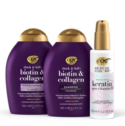 Three OGX hair products: a thick & full biotin & collagen conditioner, a shampoo, and a keratin-infused overnight treatment with pro-vitamin B5 in a spray bottle.