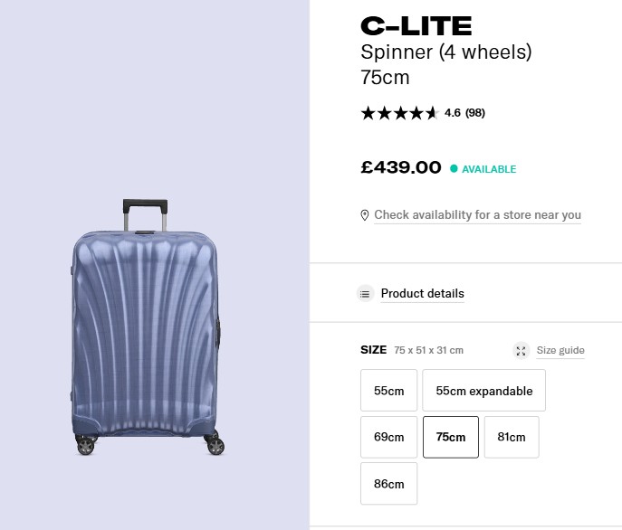 A blue 75cm four-wheel spinner suitcase with a textured shell and a telescopic handle is displayed next to product details and price information.