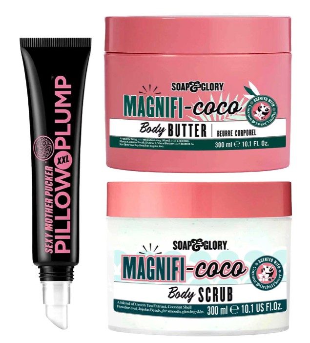 soap and glory bundle Three Soap & Glory products: a black tube of Pillow Plump lip gloss, a pink jar of Magnifi-coco Body Butter, and a pink jar of Magnifi-coco Body Scrub.