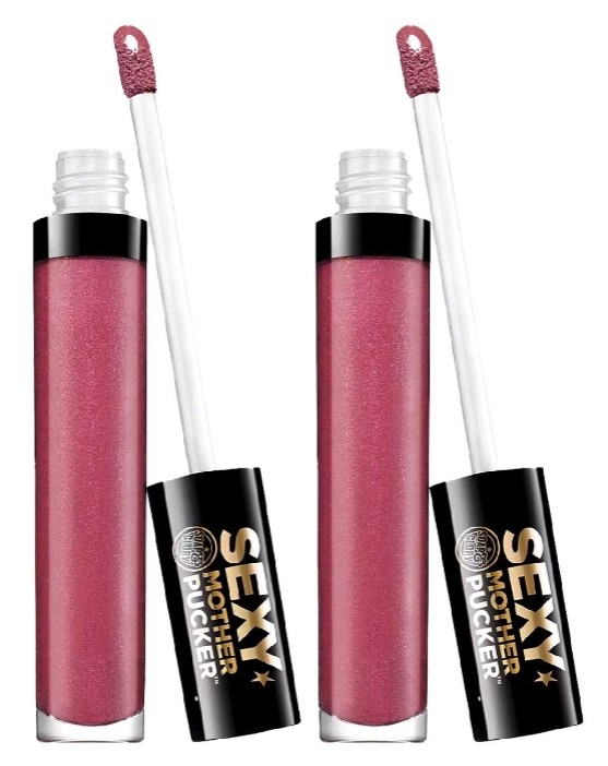 soap and glory lip Two tubes of pink lip gloss with black caps labeled "Sexy Mother Pucker," one with the applicator wand removed and one with the wand inside the tube.