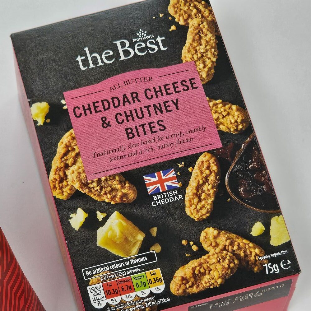 tcb morrisons the best all butter cheddar cheese and chutney bites A box of The Best Cheddar Cheese & Chutney Bites, featuring images of the bites, cheddar cheese pieces, and chutney on the packaging.