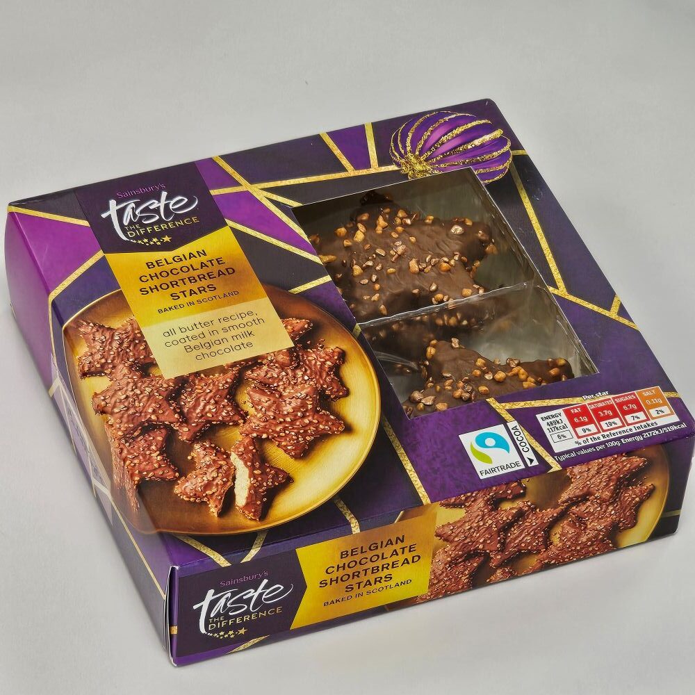 tcb sainsburys taste the difference belgian chocolate shortbread stars Box of Sainsbury’s Taste the Difference Belgian Chocolate Shortbread Stars, featuring star-shaped shortbread cookies coated in chocolate and topped with crunchy pieces.