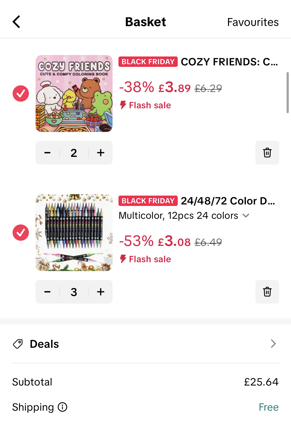 Screenshot of an online shopping basket showing a coloring book and 24-color pencil set, discounts applied. Subtotal is £25.64 with free shipping—wondering, is TikTok Shop safe for deals like these?.