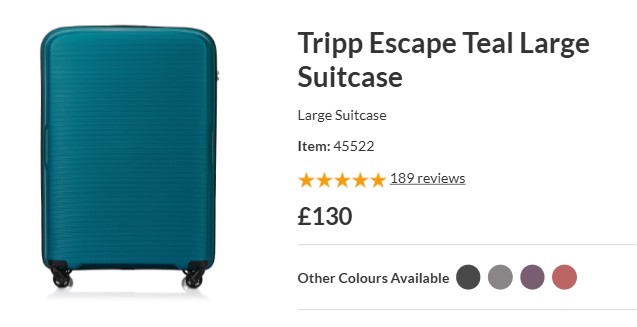 A teal large suitcase with four wheels is shown next to product details, price of £130, and color options including teal, grey, plum, purple, and pink.