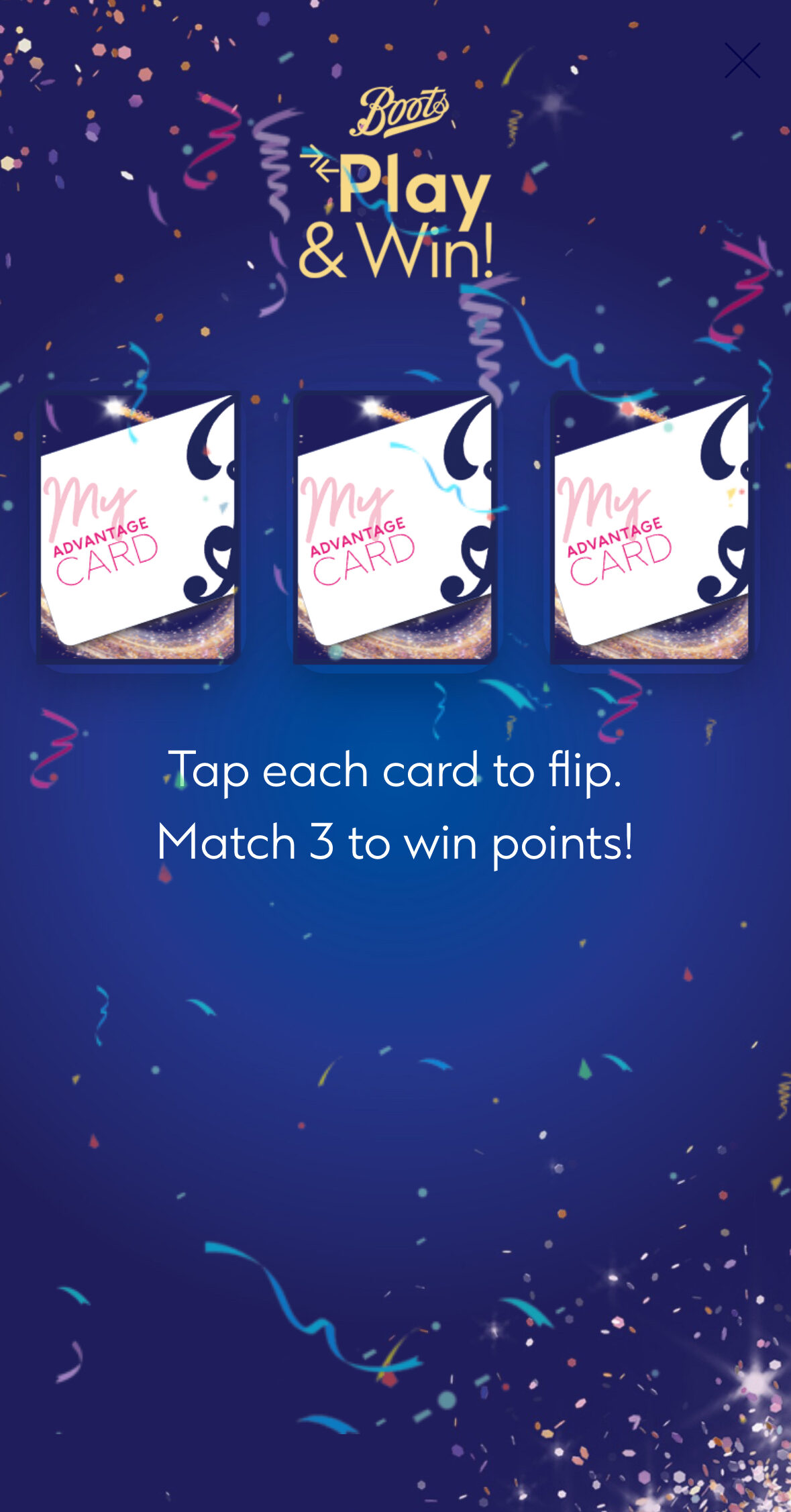 A digital game screen with three cards labeled "My Advantage Card," confetti, and text saying, "Tap each card to flip. Match 3 to win points!" under a "Play & Win!" heading.