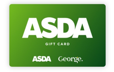 ASDA gift card with white text on a green background, featuring the ASDA and George logos at the bottom.