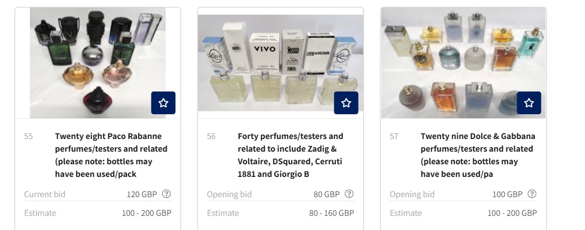 Three lots of assorted perfume bottles and testers from brands like Paco Rabanne, Zadig & Voltaire, DSquared, Cerruti, Giorgio B, and Dolce & Gabbana displayed on a white surface.