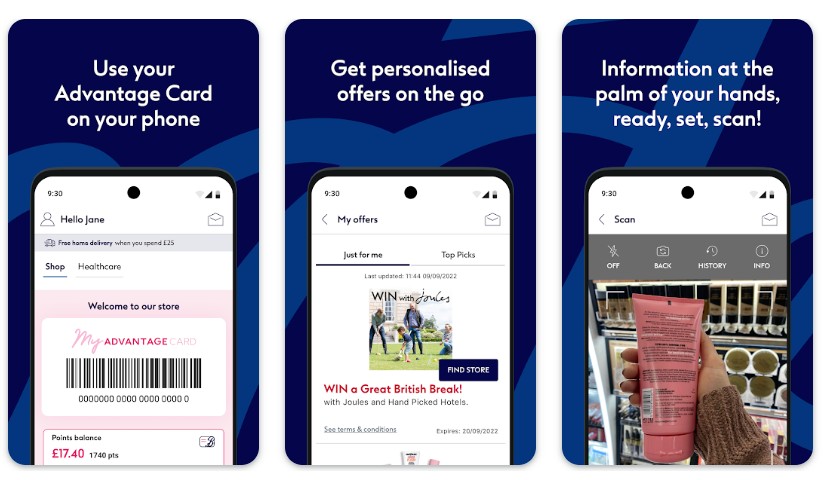 Three smartphone screens show a loyalty card barcode, personalized offers, and a product being scanned in a store using an app.