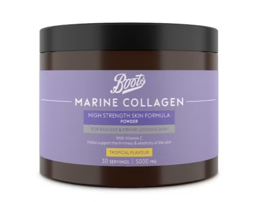 A jar of Boots Marine Collagen High Strength Skin Formula powder, tropical flavour, 5000 mg, 30 servings.