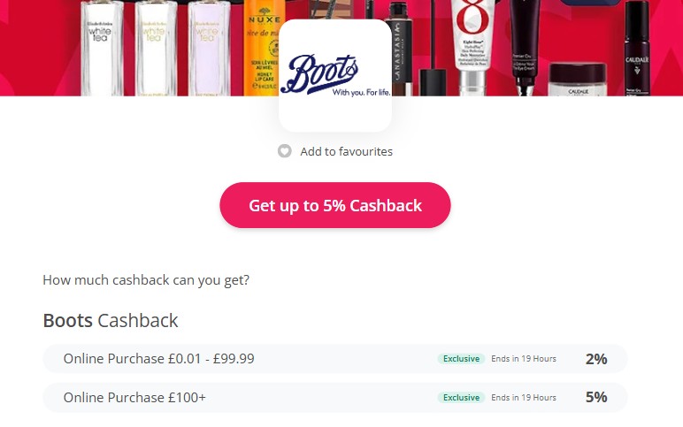 Screenshot of a Boots cashback offer showing 2% cashback for online purchases £0.01-£99.99 and 5% cashback for purchases over £100, both ending in 19 hours.