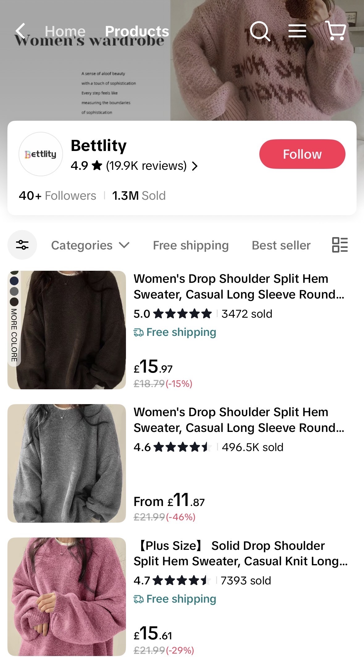 Screenshot of a shopping app displaying women's sweaters in various colors, prices, ratings, and free shipping options from the seller Bettlity.