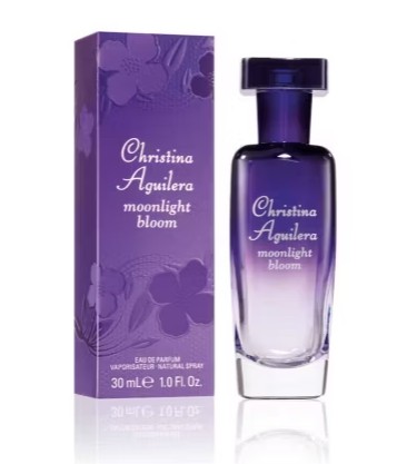 christina aguilera perfume A purple and clear glass bottle of Christina Aguilera Moonlight Bloom perfume is shown next to its matching purple box. The bottle contains 30 ml (1.0 fl oz) of eau de parfum.