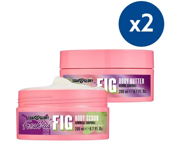 Two containers of Soap & Glory FIG products—one body scrub and one body butter, each 200 ml—with a "x2" label in the top right corner.