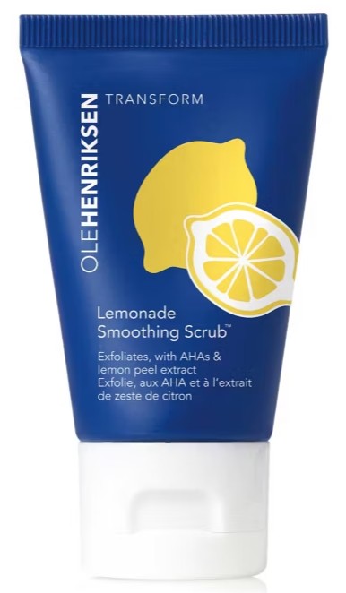 A blue and white tube of Ole Henriksen Lemonade Smoothing Scrub featuring a lemon graphic and product description on the front.