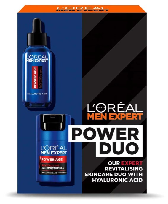 L'Oréal Men Expert Power Duo packaging featuring Power Age hyaluronic acid serum and 24H moisturiser for revitalising skincare.