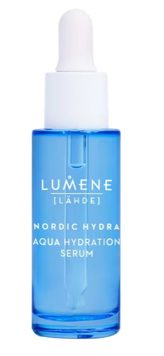 A blue glass dropper bottle labeled "Lumene Nordic Hydra Aqua Hydration Serum" with a white cap and dropper.