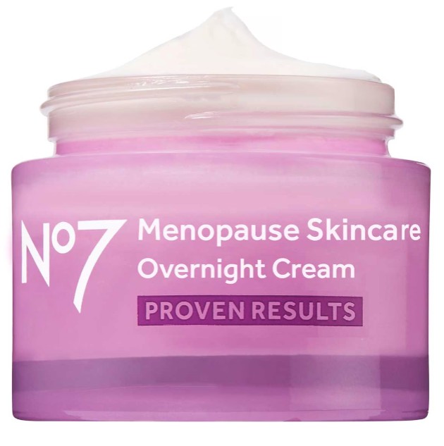 An open jar of No7 Menopause Skincare Overnight Cream with a swirl of cream visible at the top. The label reads "PROVEN RESULTS.