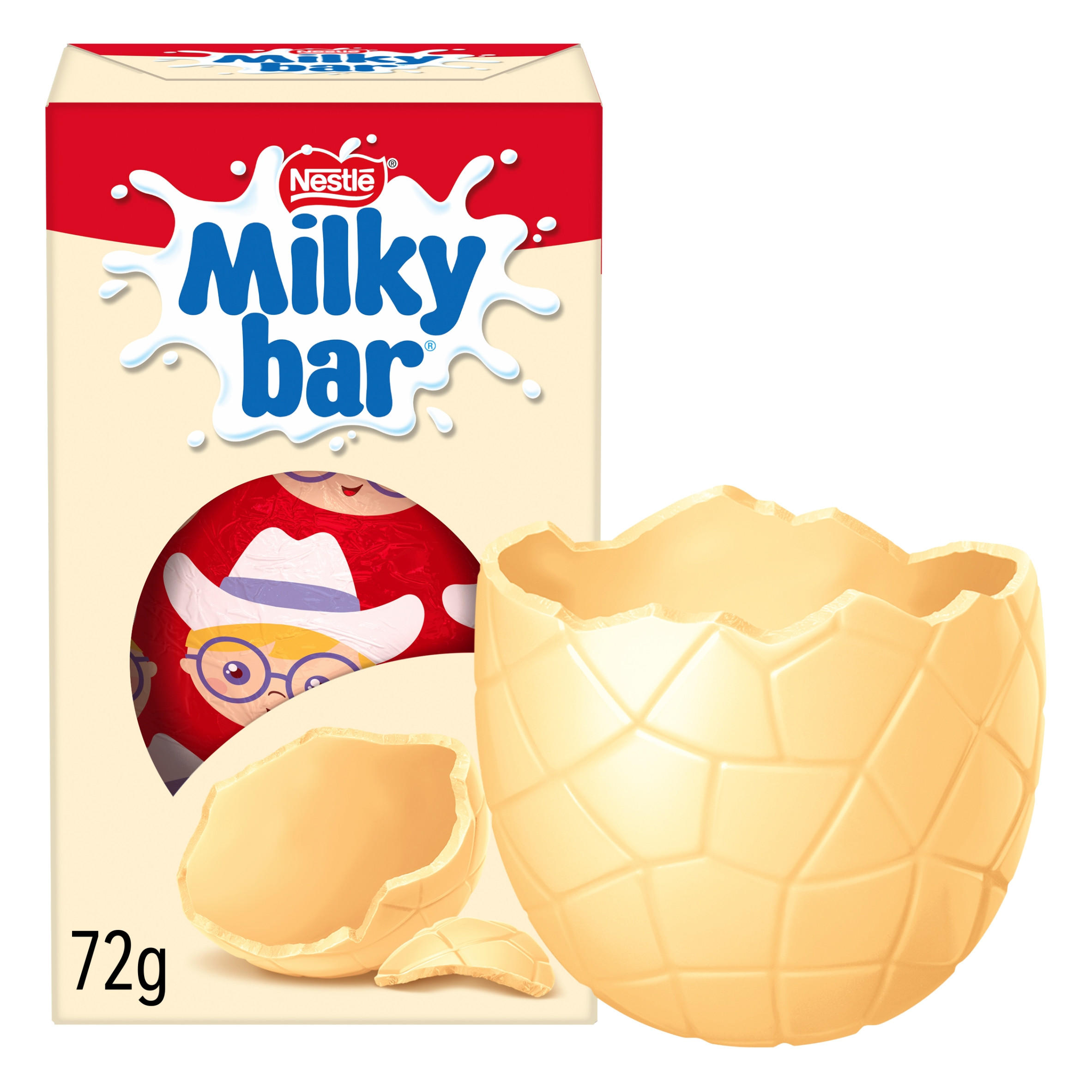 A Nestlé Milkybar box with a 72g white chocolate egg, shown cracked open in front of the packaging.