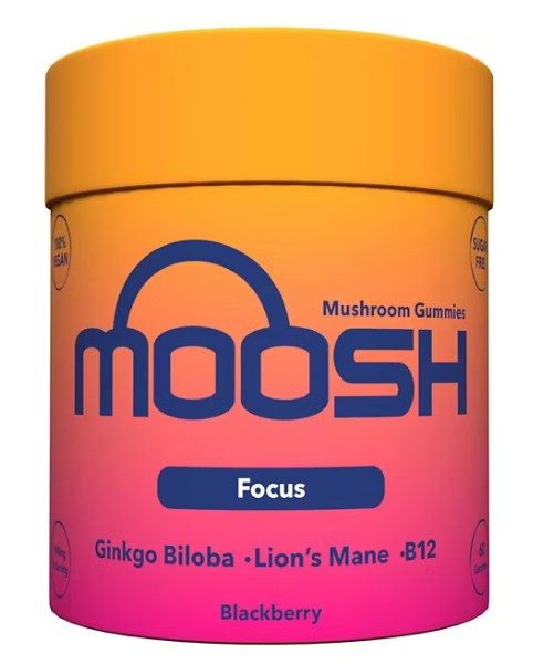 A container of Moosh Mushroom Gummies labeled "Focus," featuring Ginkgo Biloba, Lion’s Mane, B12, blackberry flavor, vegan, and sugar free.