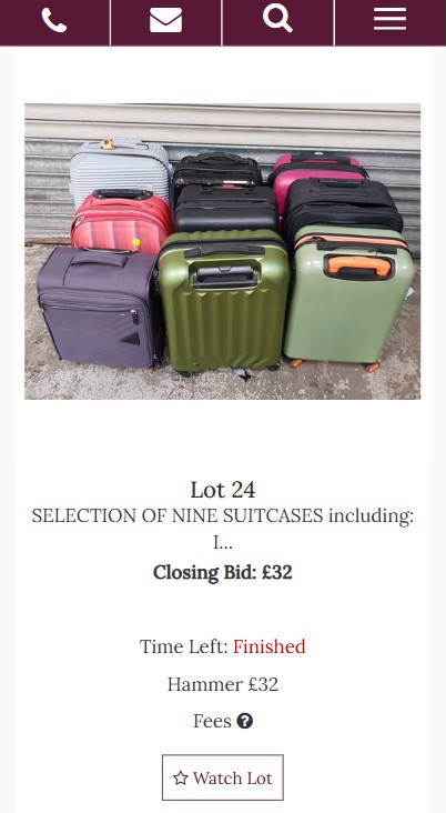 Nine assorted suitcases are lined up in front of a metal shutter, shown as Lot 24 in an auction listing, with a closing bid of £32 and the auction marked as finished.
