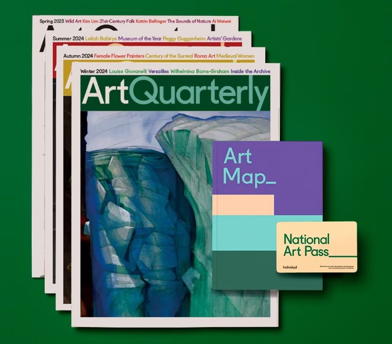 A stack of Art Quarterly magazines, an Art Map booklet, and a National Art Pass card are arranged on a green background.
