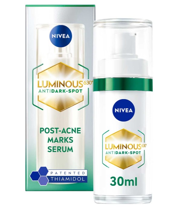 Nivea Luminous630 Anti-Dark Spot Post-Acne Marks Serum, 30ml bottle shown next to its packaging, with "Patented Thiamidol" highlighted on the box.