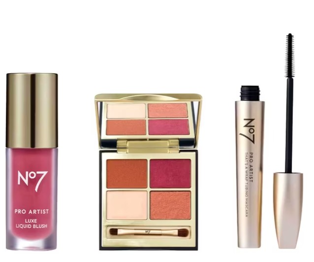 A liquid blush, an eyeshadow palette with four shades, and a tube of black mascara from the No7 Pro Artist makeup range are shown on a white background.
