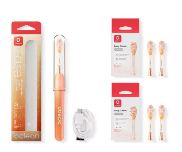 Oclean Ease electric toothbrush with charging cable, packaging, and three packs of replacement brush heads displayed on a white background.