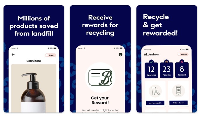 Three smartphone screens show an app for recycling: scanning products, receiving digital rewards, and tracking recycling status with approved, pending, and rejected items.