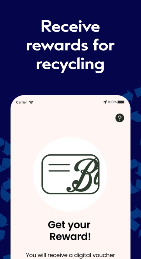 A smartphone screen displays a digital voucher icon and the text "Get your Reward!" with the header "Receive rewards for recycling" above.
