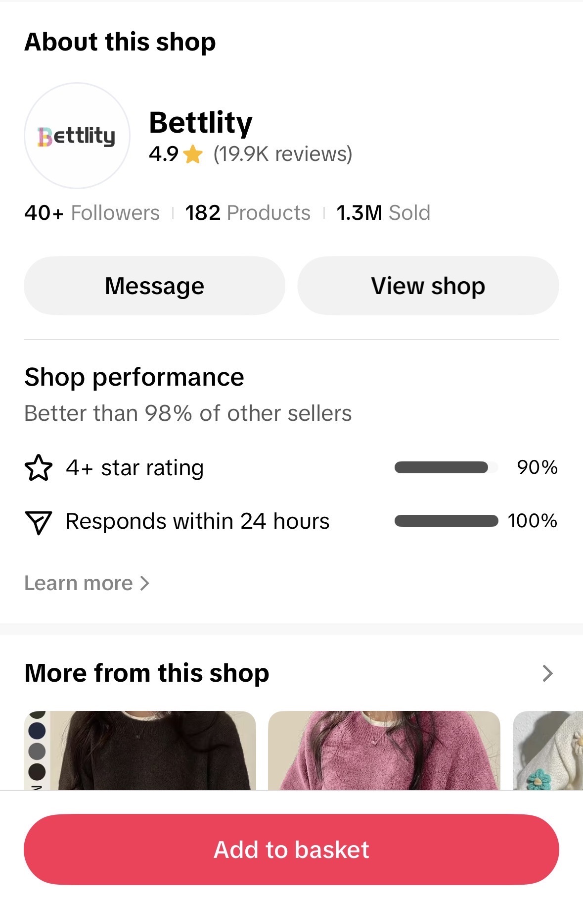 A shop profile for Bettlity shows a 4.9 star rating from 19.9k reviews, 1.3M sold, 182 products, 40+ followers, and high seller performance metrics.