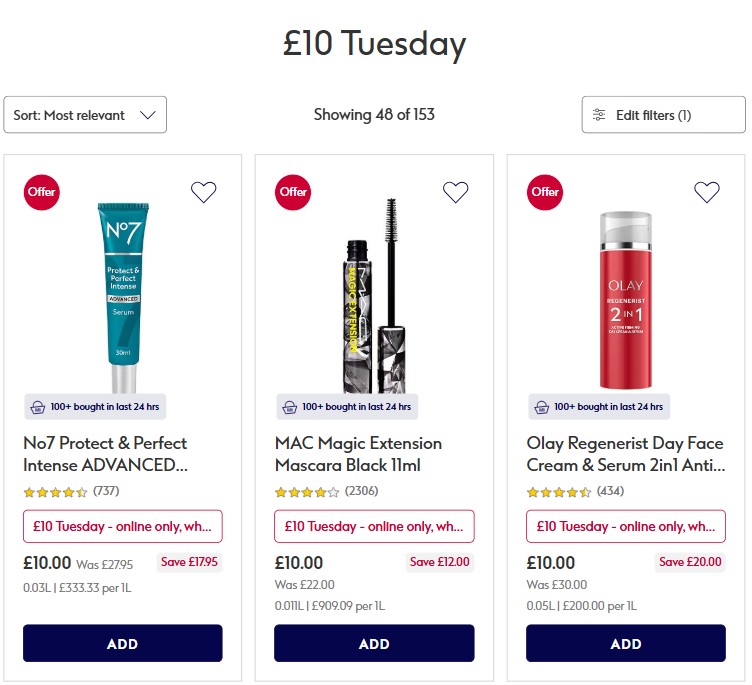 Screenshot of a £10 Tuesday online sale featuring No7 cream, MAC mascara, and Olay serum, each priced at £10 with offers displayed, and "Add" buttons beneath each product.